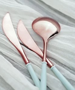 HIER_5460 24 Pack | Rose Gold Modern Silverware Set, Premium Plastic Cutlery Set With Light Blue Handle - 8" Disposable Dinnerware 18 HIER_5460 24 Pack | Rose Gold Modern Silverware Set, Premium Plastic Cutlery Set With Light Blue Handle - 8