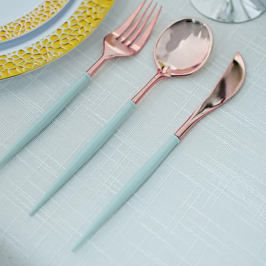 HIER_5460 24 Pack | Rose Gold Modern Silverware Set, Premium Plastic Cutlery Set With Light Blue Handle - 8" Disposable Dinnerware 9 HIER_5460 24 Pack | Rose Gold Modern Silverware Set, Premium Plastic Cutlery Set With Light Blue Handle - 8" Disposable Dinnerware