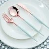 HIER_5460 24 Pack | Rose Gold Modern Silverware Set, Premium Plastic Cutlery Set With Light Blue Handle - 8" Disposable Dinnerware