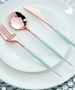 HIER_5460 24 Pack | Rose Gold Modern Silverware Set, Premium Plastic Cutlery Set With Light Blue Handle - 8" Disposable Dinnerware