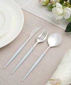 HIER_5460 24 Pack - 8" Silver Modern Flatware Set, Heavy Duty Plastic Silverware, Baby Blue Handle Disposable Dinnerware