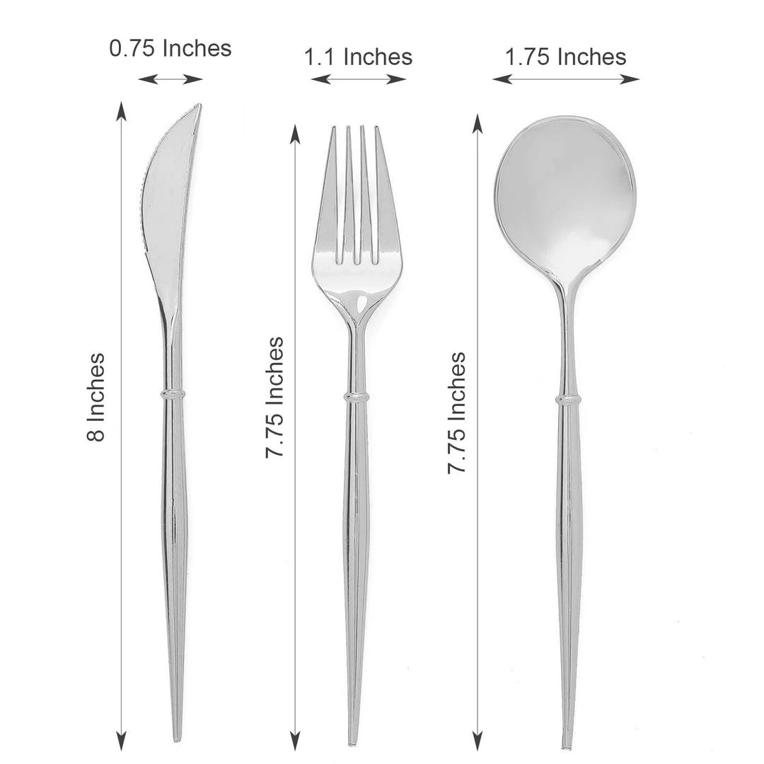 HIER_5460 24 Pack | 8" Silver Modern Plastic Silverware Set Heavy Duty Flatware, Disposable Cutlery Disposable Dinnerware 3 HIER_5460 24 Pack | 8" Silver Modern Plastic Silverware Set Heavy Duty Flatware, Disposable Cutlery Disposable Dinnerware