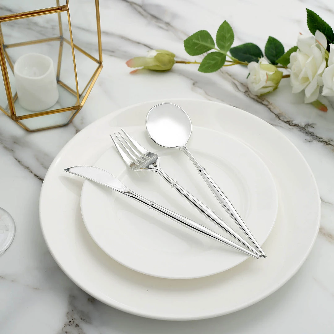 HIER_5460 24 Pack | 8" Silver Modern Plastic Silverware Set Heavy Duty Flatware, Disposable Cutlery Disposable Dinnerware 7 HIER_5460 24 Pack | 8" Silver Modern Plastic Silverware Set Heavy Duty Flatware, Disposable Cutlery Disposable Dinnerware