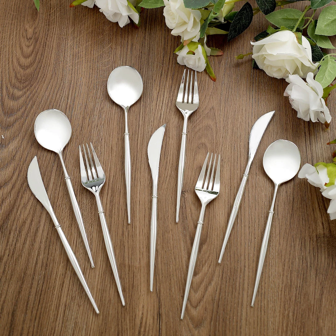 HIER_5460 24 Pack | 8" Silver Modern Plastic Silverware Set Heavy Duty Flatware, Disposable Cutlery Disposable Dinnerware 10 HIER_5460 24 Pack | 8" Silver Modern Plastic Silverware Set Heavy Duty Flatware, Disposable Cutlery Disposable Dinnerware
