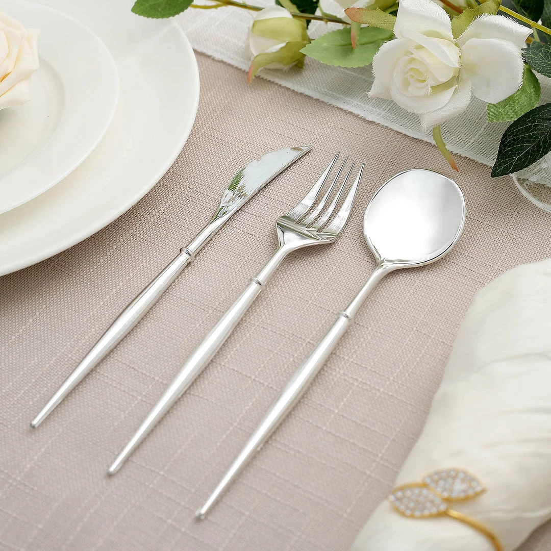 HIER_5460 24 Pack | 8" Silver Modern Plastic Silverware Set Heavy Duty Flatware, Disposable Cutlery Disposable Dinnerware 1 HIER_5460 24 Pack | 8" Silver Modern Plastic Silverware Set Heavy Duty Flatware, Disposable Cutlery Disposable Dinnerware
