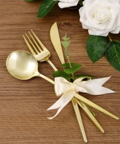 HIER_5460 Disposable Dinnerware 24 Pack | Gold Sleek Modern Flatware Set, Premium Plastic Silverware Cutlery Set - 8"