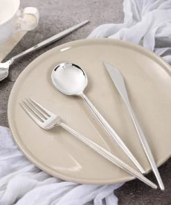 HIER_5460 24 Pack | Silver Sleek Modern Flatware Set, Premium Plastic Silverware Cutlery Set - 8" Disposable Dinnerware