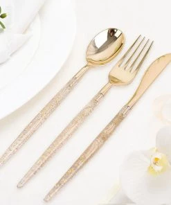 HIER_5460 24 Pack | 9" Gold Modern Flatware Set, Heavy Duty Plastic Silverware, Glitter Handle Disposable Cutlery Disposable Dinnerware