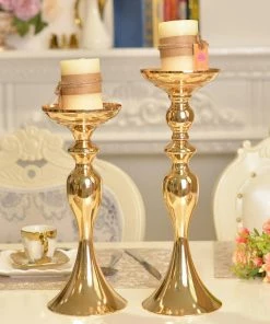 HIER_4310 2 Pack | 12" Tall Gold Floral Stand Pillar Candle Holder Set, Votive Candle Holders Chargers & Centerpieces