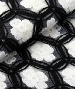 HIER_5210 54" X 4 Yards Black/White Flower Embellished Tulle Fabric By The Bolt