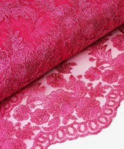 HIER_5210 54" X 4 Yards Fuchsia Embroidered Tulle Fabric Fabric Bolts & Bags