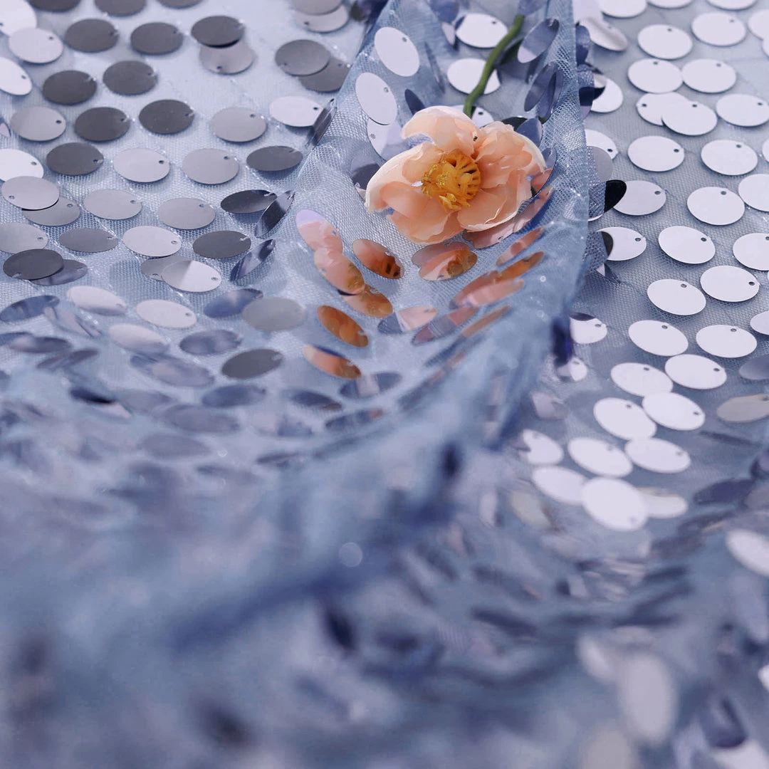 HIER_5210 Theme Décor 54" X 4Yards | Dusty Blue Payette Sequin Fabric Roll With Mesh Fabric Base 3 HIER_5210 Theme Décor 54" X 4Yards | Dusty Blue Payette Sequin Fabric Roll With Mesh Fabric Base