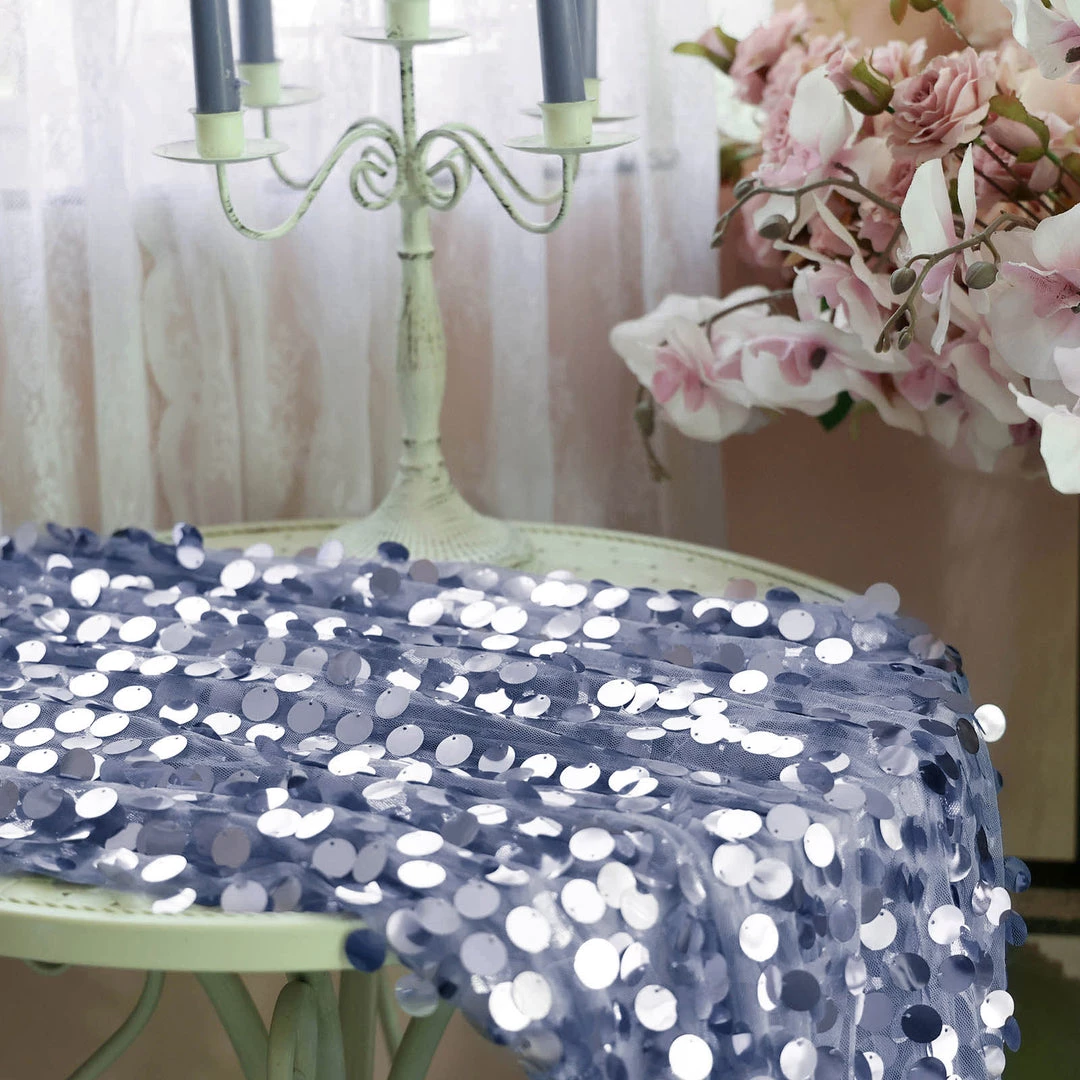 HIER_5210 Theme Décor 54" X 4Yards | Dusty Blue Payette Sequin Fabric Roll With Mesh Fabric Base 10 HIER_5210 Theme Décor 54" X 4Yards | Dusty Blue Payette Sequin Fabric Roll With Mesh Fabric Base