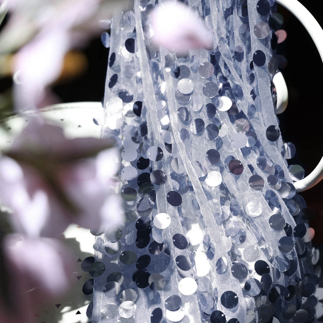 HIER_5210 Theme Décor 54" X 4Yards | Dusty Blue Payette Sequin Fabric Roll With Mesh Fabric Base 2 HIER_5210 Theme Décor 54" X 4Yards | Dusty Blue Payette Sequin Fabric Roll With Mesh Fabric Base