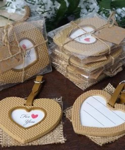 HIER_5340 Heart Shaped Wedding Frame Favor | Luggage Tag With Strap Buckle & Gift Wrapped