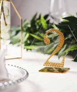 HIER_5170 5 Pack | 5" Clear/Gold Acrylic Wedding Table Sign Holders, Hexagon Number Stands Chargers & Centerpieces