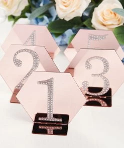 HIER_5170 5 Pack | 5" Blush/Rose Gold Acrylic Wedding Table Sign Holders, Hexagon Number Stands