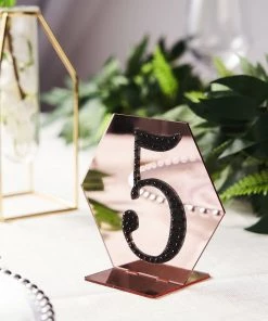 HIER_5170 5 Pack | 5" Blush/Rose Gold Acrylic Wedding Table Sign Holders, Hexagon Number Stands