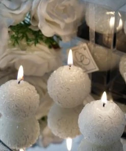 HIER_5340 2" | White Rose Ball Candle Wedding Favor | Clear Gift Wrapped Box With Thank You Tag Chargers & Centerpieces