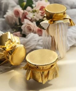 HIER_5170 6 Pack | Metallic Gold 6" Round Lame Fabric Party Favor Jar Covers DIY With Satin Tie String, Craft Supplies Tabletop Decor