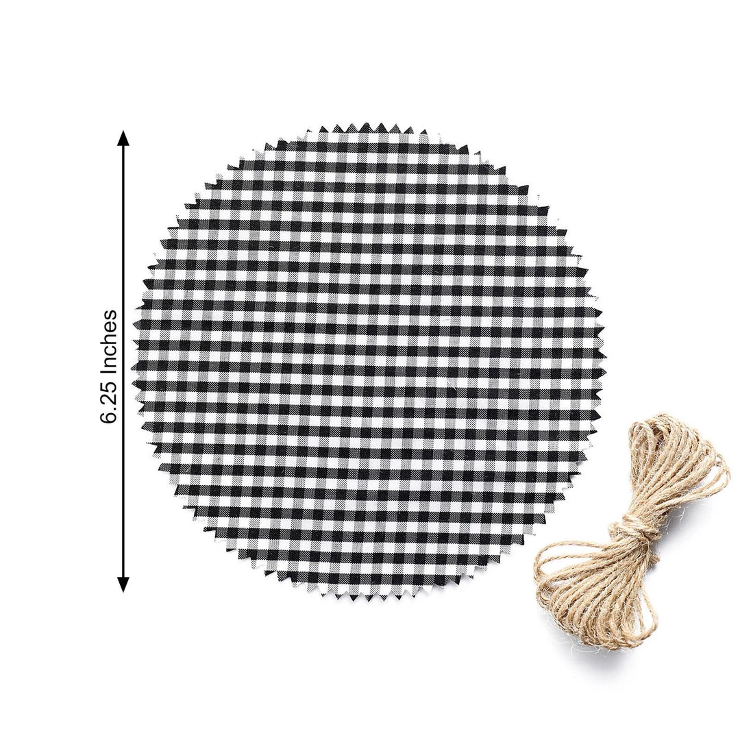HIER_5170 6 Pack | 6" Jam Jar Covers, Fabric Jar Lids, Cloth Mason Jar Covers With Jute String - Scalloped Edge, Black/White Checkered Tabletop Decor 3 HIER_5170 6 Pack | 6" Jam Jar Covers, Fabric Jar Lids, Cloth Mason Jar Covers With Jute String - Scalloped Edge, Black/White Checkered Tabletop Decor