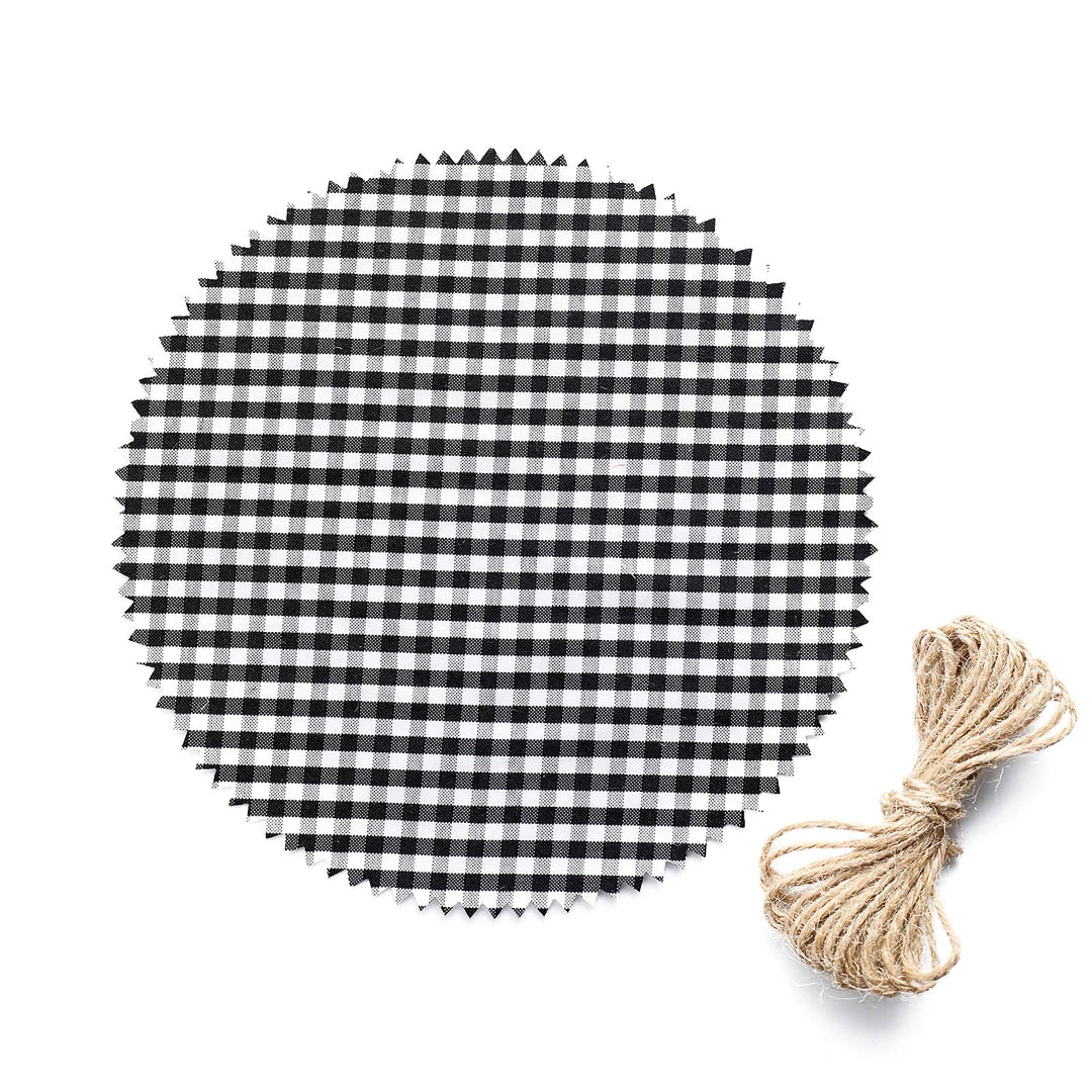 HIER_5170 6 Pack | 6" Jam Jar Covers, Fabric Jar Lids, Cloth Mason Jar Covers With Jute String - Scalloped Edge, Black/White Checkered Tabletop Decor 14 HIER_5170 6 Pack | 6" Jam Jar Covers, Fabric Jar Lids, Cloth Mason Jar Covers With Jute String - Scalloped Edge, Black/White Checkered Tabletop Decor