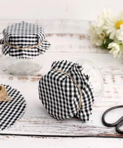 HIER_5170 6 Pack | 6" Jam Jar Covers, Fabric Jar Lids, Cloth Mason Jar Covers With Jute String - Scalloped Edge, Black/White Checkered Tabletop Decor 21 HIER_5170 6 Pack | 6