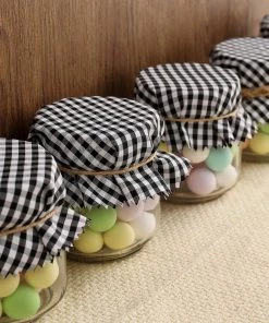 HIER_5170 6 Pack | 6" Jam Jar Covers, Fabric Jar Lids, Cloth Mason Jar Covers With Jute String - Scalloped Edge, Black/White Checkered Tabletop Decor 22 HIER_5170 6 Pack | 6