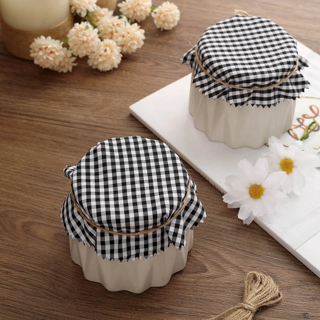 HIER_5170 6 Pack | 6" Jam Jar Covers, Fabric Jar Lids, Cloth Mason Jar Covers With Jute String - Scalloped Edge, Black/White Checkered Tabletop Decor 12 HIER_5170 6 Pack | 6" Jam Jar Covers, Fabric Jar Lids, Cloth Mason Jar Covers With Jute String - Scalloped Edge, Black/White Checkered Tabletop Decor