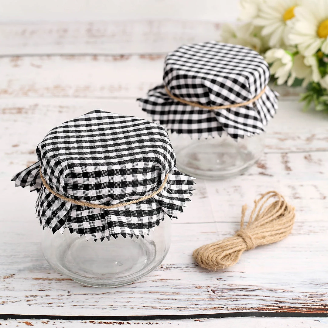HIER_5170 6 Pack | 6" Jam Jar Covers, Fabric Jar Lids, Cloth Mason Jar Covers With Jute String - Scalloped Edge, Black/White Checkered Tabletop Decor 1 HIER_5170 6 Pack | 6" Jam Jar Covers, Fabric Jar Lids, Cloth Mason Jar Covers With Jute String - Scalloped Edge, Black/White Checkered Tabletop Decor