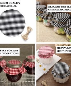 HIER_5170 6 Pack | 6" Jam Jar Covers, Fabric Jar Lids, Cloth Mason Jar Covers With Jute String - Scalloped Edge, Black/White Checkered Tabletop Decor 17 HIER_5170 6 Pack | 6