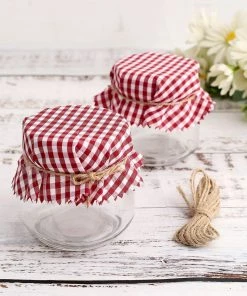 HIER_5170 6 Pack | 6" Jam Jar Covers, Fabric Jar Lids, Cloth Mason Jar Covers With Jute String - Scalloped Edge, Red/White Checkered
