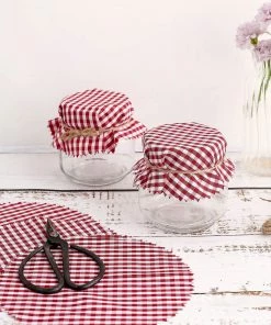 HIER_5170 6 Pack | 6" Jam Jar Covers, Fabric Jar Lids, Cloth Mason Jar Covers With Jute String - Scalloped Edge, Red/White Checkered