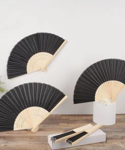 HIER_5340 Chargers & Centerpieces 5 Pack Black Asian Silk Folding Fans