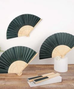 HIER_5340 5 Pack Hunter Emerald Green Asian Silk Folding Fans Chargers & Centerpieces