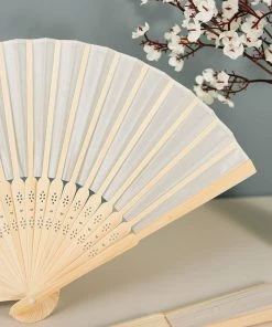 HIER_5340 5 Pack Ivory Asian Silk Folding Fans Chargers & Centerpieces