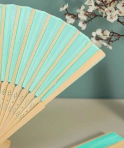 HIER_5340 5 Pack Mint Asian Silk Folding Fans Chargers & Centerpieces