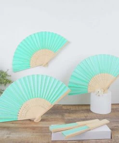 HIER_5340 5 Pack Mint Asian Silk Folding Fans Chargers & Centerpieces