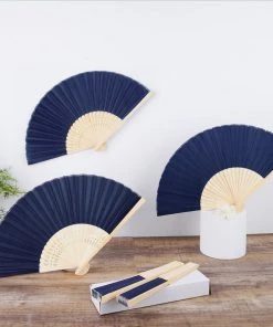 HIER_5340 5 Pack Navy Blue Asian Silk Folding Fans