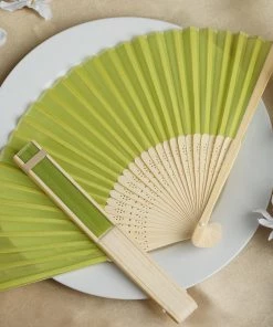 HIER_5340 Chargers & Centerpieces Lime Green Sage Asian Silk Folding Fans - Clearance SALE
