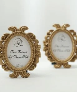 HIER_5300 4 Pack | Gold Resin 4" Decorative Baroque Oval Picture Frame Party Favors, Vintage Beaded Place Card Holders