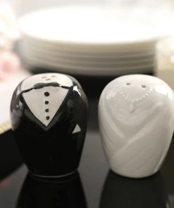 HIER_5340 2.5" Bride/Groom Ceramic Salt And Pepper Shaker Set, Wedding Favors In Pre-Packed Gift Box Tabletop Decor