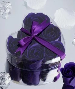 HIER_5350 6 Pcs Purple Scented Rose Soap Party Favors With Gift Box And Ribbon