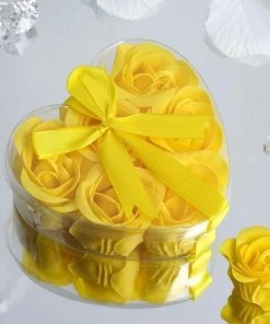 HIER_5350 6 Pcs Yellow Scented Rose Soap Party Favors With Gift Box And Ribbon Tabletop Decor