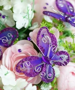HIER_5120 12 Pack | 2" Purple Crystal Studded Organza Butterflies Mini Craft Florals