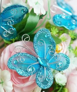 HIER_5120 12 Pack | 2" Turquoise Crystal Studded Organza Butterflies