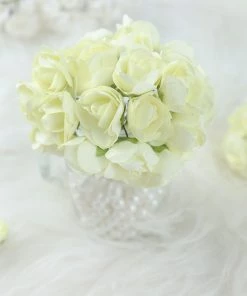 HIER_5120 Mini Craft Florals 144 Ivory Paper Mini Craft Flower Roses, DIY Flower Bushes With Wire Stems