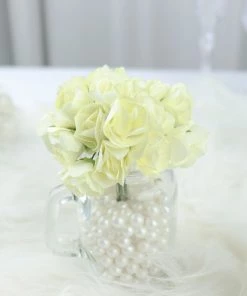 HIER_5120 Mini Craft Florals 144 Ivory Paper Mini Craft Flower Roses, DIY Flower Bushes With Wire Stems