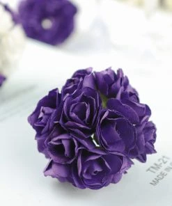 HIER_5120 144 Purple Paper Mini Craft Flower Roses, DIY Flower Bushes With Wire Stems Mini Craft Florals