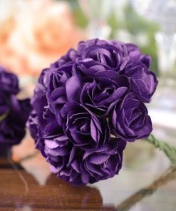 HIER_5120 144 Purple Paper Mini Craft Flower Roses, DIY Flower Bushes With Wire Stems Mini Craft Florals